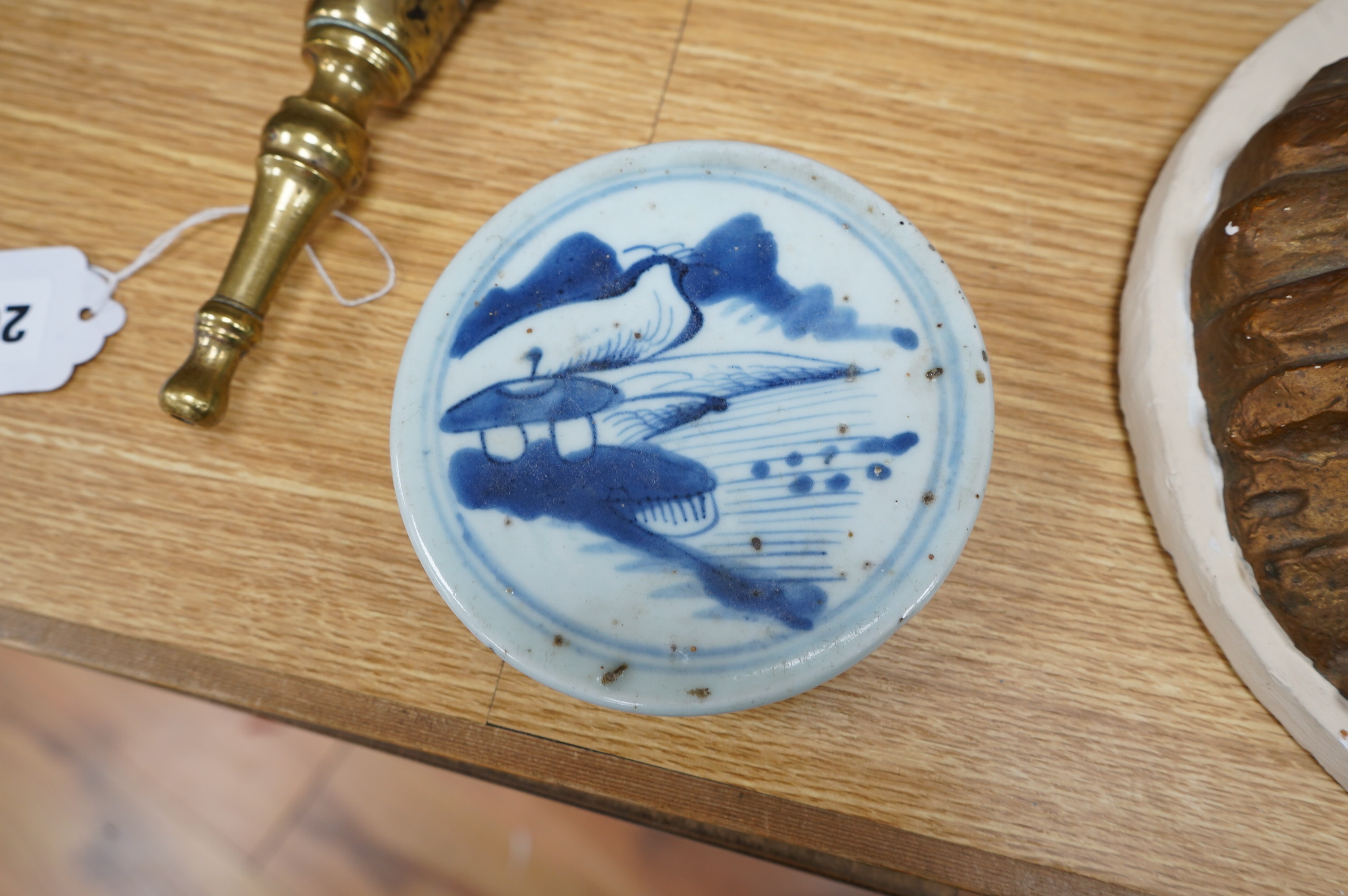 A 19th century Chinese blue and white ginger jar and cover and two pieces of Staffordshire blue-printed pottery, tallest 21cm. Condition - fair